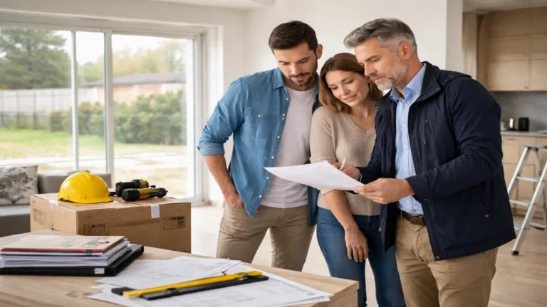 Couple visitant une maison récente construite par un particulier avec un expert du bâtiment, en train de vérifier des documents et l’état du bien avant achat.