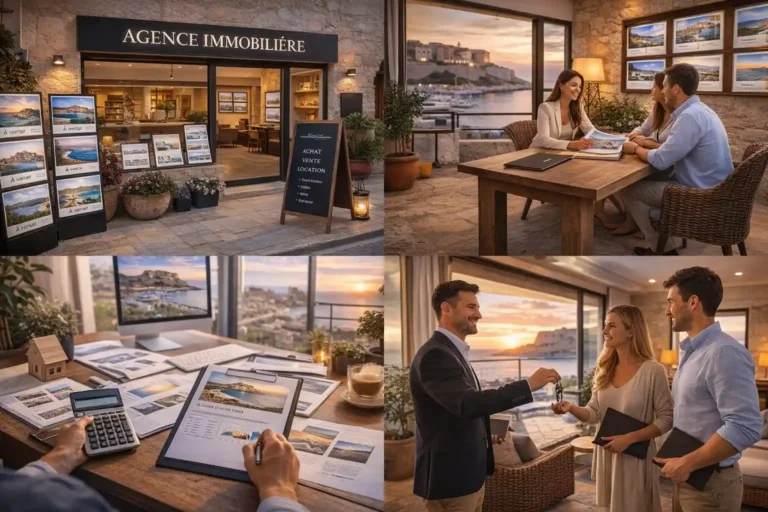 Agence immobilière à Calvi avec clients en rendez-vous, estimation de biens et remise de clés dans un bureau moderne en Corse avec vue mer