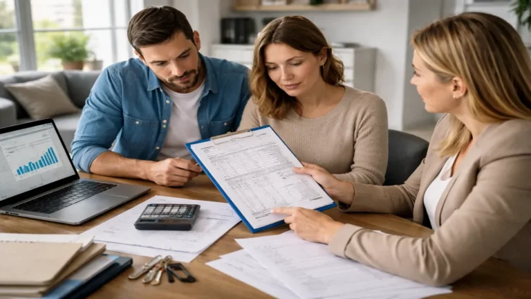 Propriétaires échangeant avec une gestionnaire locative autour de relevés de gérance et documents financiers pour comprendre le délai de reversement du loyer par une agence.