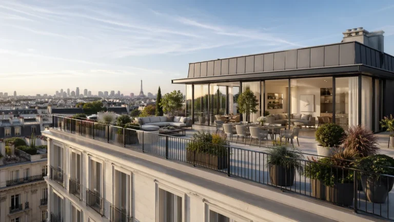 appartement en attique de standing avec grande terrasse en retrait au dernier étage d’un immeuble urbain lumineux