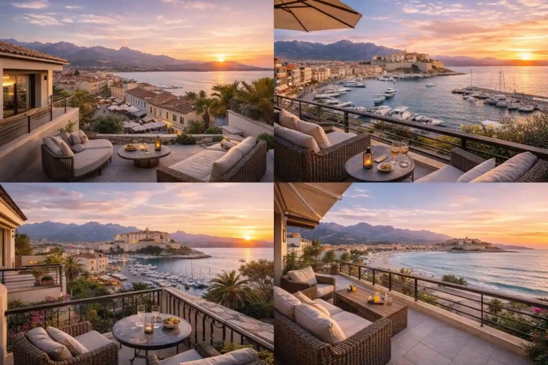 Appartement en location à Calvi avec terrasse vue mer, port et citadelle au coucher du soleil, logements avec balcon en Corse proche plage