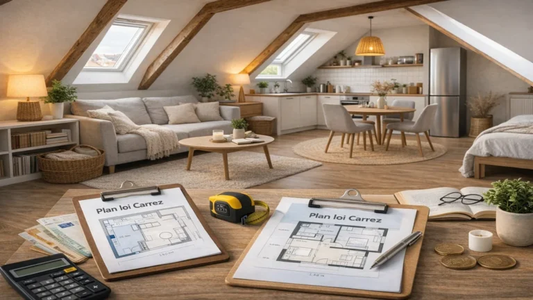 Appartement mansardé lumineux sous les combles avec fenêtres de toit, plafond incliné, salon et cuisine ouverte aménagés