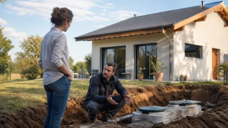 Propriétaire échangeant avec un technicien devant une maison pendant des travaux de mise en conformité d’un assainissement non collectif