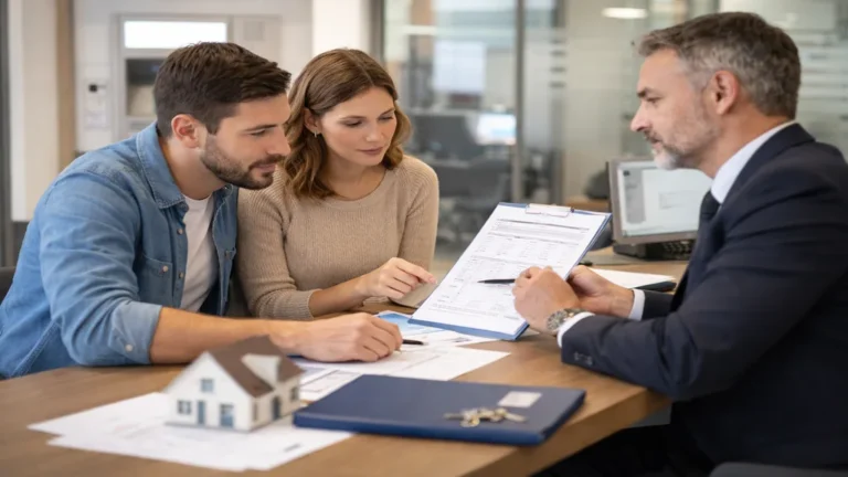 Couple échangeant avec un conseiller bancaire au sujet de la revente d’un bien immobilier financé avec un prêt à taux zéro, documents de prêt et projet de vente sur la table.