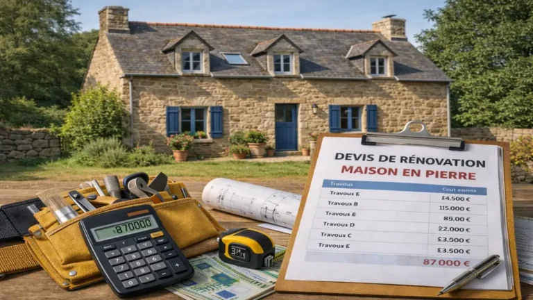 Maison ancienne en pierre avec façade authentique dans un cadre rural, illustrant l’achat, les travaux et la rénovation d’une maison en pierre