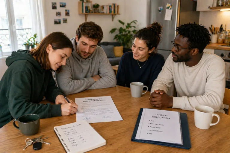 Quatre colocataires signant ensemble un bail de colocation solidaire autour d’une table dans un appartement meublé