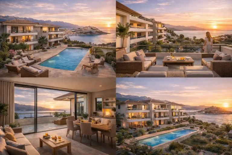 Programme immobilier neuf à Calvi avec résidence moderne, appartements avec terrasse, piscine et vue mer sur la baie en Corse