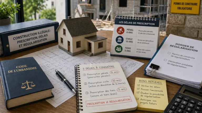 Documents d’urbanisme et dossier de régularisation d’une construction illégale ancienne avec maquette de maison et chantier en arrière-plan