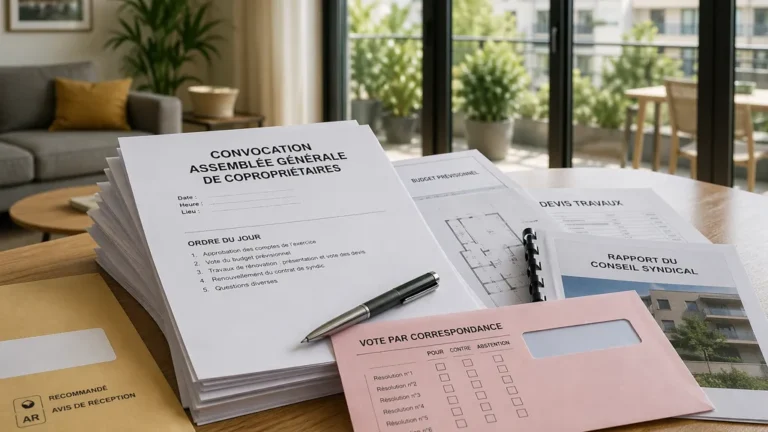 convocation d’assemblée générale de copropriété avec documents annexes, vote par correspondance et recommandé sur une table dans un appartement lumineux