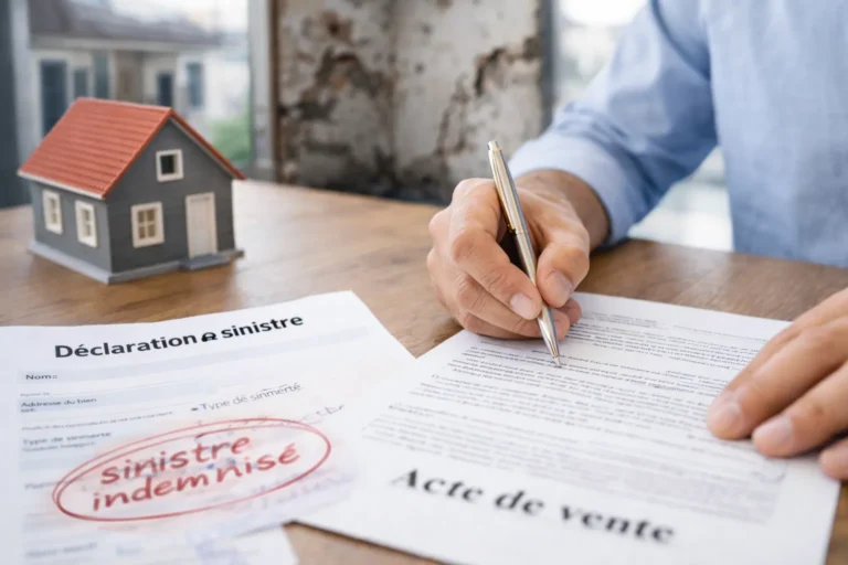 Signature d’un acte de vente immobilier avec déclaration de sinistre indemnisé visible sur un document, symbole d’obligation légale lors d’une transaction immobilière.