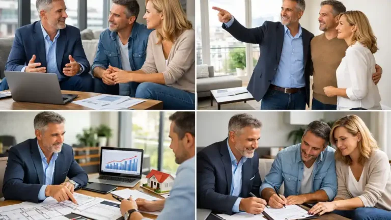 Consultant immobilier échangeant avec des clients dans un appartement moderne lors d’un projet d’achat, de vente ou d’investissement immobilier.