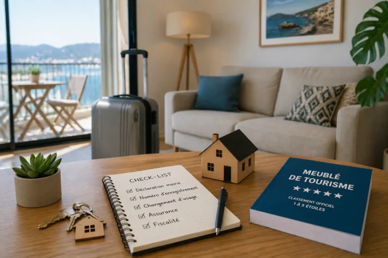 Salon moderne prêt pour location saisonnière avec valise, vue mer et éléments de décoration immobilière pour meublé de tourisme