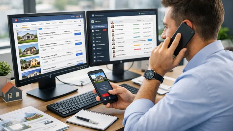 Agent immobilier en prospection téléphonique devant un logiciel de pige immobilière affiché sur double écran, avec smartphone en main dans un bureau moderne.