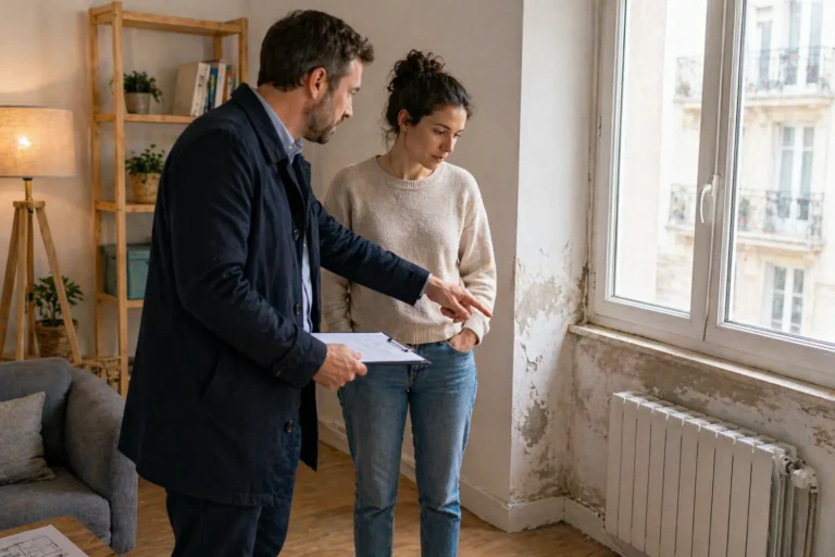 Propriétaire et locataire observant un mur dégradé près d’une fenêtre dans un appartement concerné par les obligations DPE en location