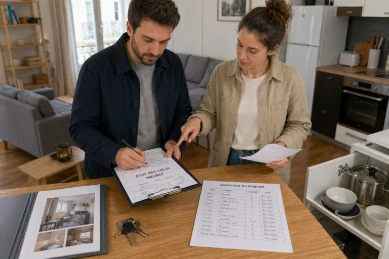 Propriétaire et locataire remplissant un état des lieux d’entrée dans un appartement meublé avec inventaire détaillé du mobilier et des équipements