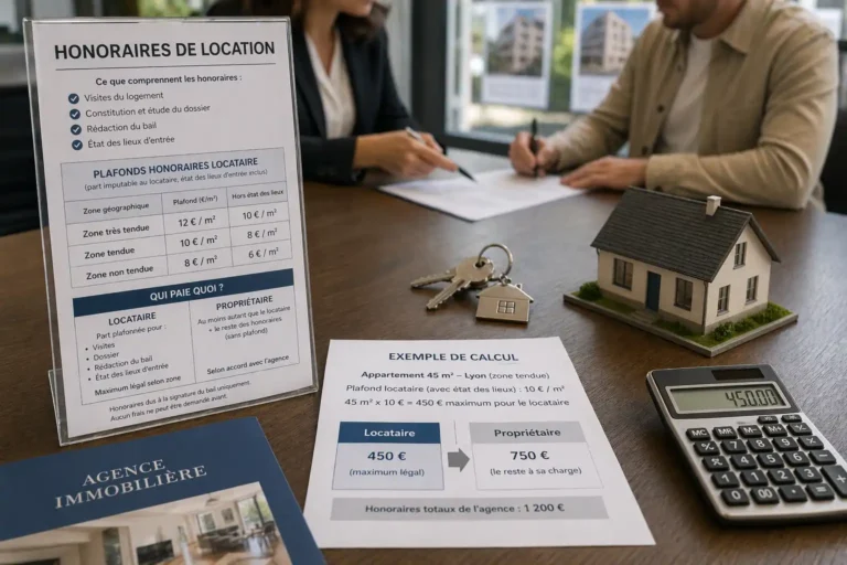 frais d’agence immobilière pour une location avec dossier, clés, calculatrice et signature du bail dans une agence immobilière