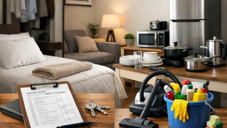 Intérieur de location meublée avec lit, cuisine équipée, vaisselle, aspirateur et matériel d’entretien pour illustrer la liste des meubles obligatoires en location meublée