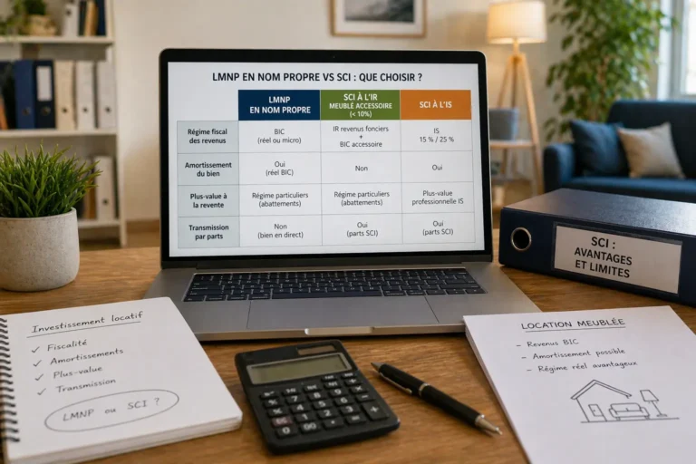 Comparaison entre location meublée en nom propre et SCI dans un bureau avec ordinateur portable, documents fiscaux et calculatrice