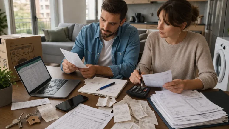 Couple triant des factures et tickets de caisse dans un appartement meublé pour vérifier les justificatifs de dépenses en LMNP au régime réel.
