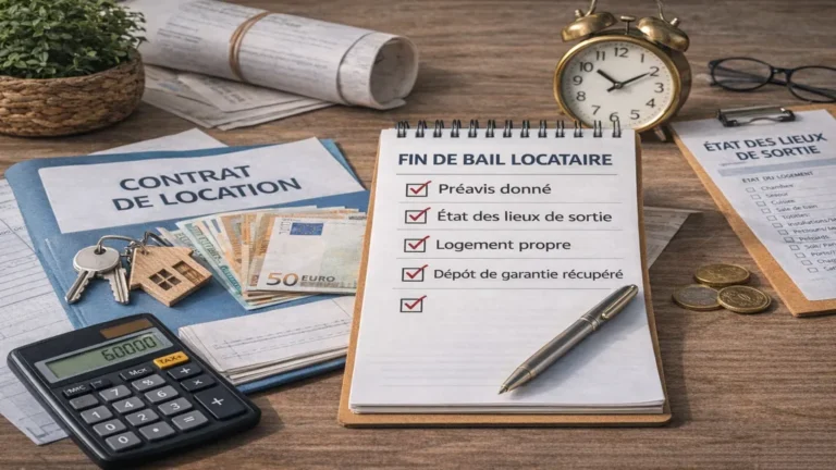 Documents de location, clés et calculatrice illustrant les démarches de fin de bail du locataire, le préavis, l’état des lieux de sortie et la restitution du dépôt de garantie