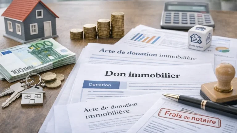 Documents de donation immobilière, frais de notaire, argent et clés posés sur une table avec une maison miniature, illustrant les coûts réels d’une maison donnée gratuitement.