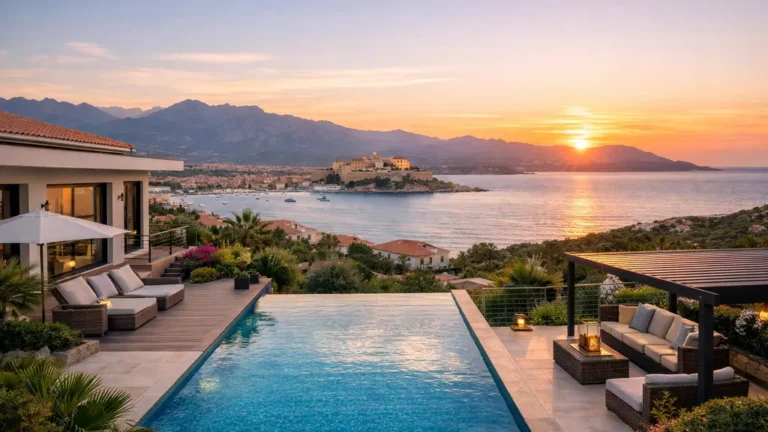 Maison à vendre à Calvi avec piscine à débordement, terrasse et vue panoramique sur la baie, la citadelle et la mer en Corse