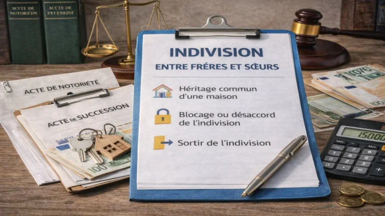 Documents de succession, clés, maison miniature et calculatrice illustrant la gestion d’une maison en indivision entre frère et sœur après un héritage