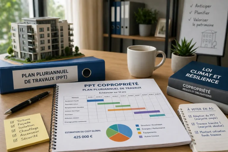 Plan pluriannuel de travaux en copropriété présenté sur un bureau avec maquette d’immeuble, dossier PPT et documents de gestion immobilière