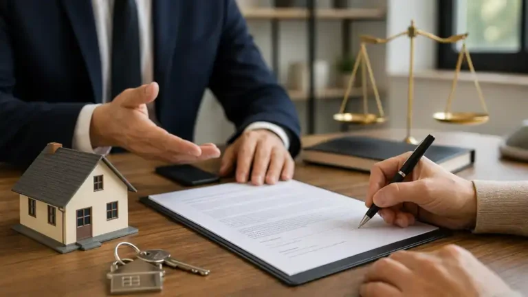 Signature d’un contrat de portage immobilier chez le notaire avec maquette de maison, clés et documents financiers sur un bureau