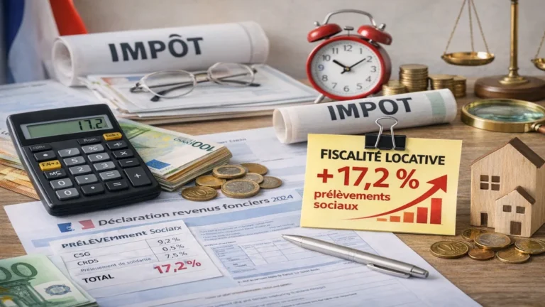 Documents fiscaux, calculatrice et billets en euros illustrant les prélèvements sociaux de 17,2 % sur les revenus fonciers en location nue