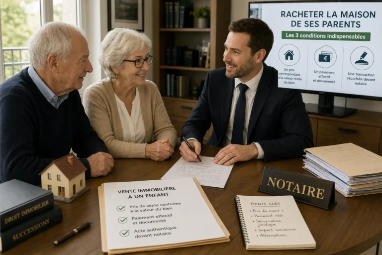parents âgés et leur enfant en rendez-vous chez le notaire pour organiser le rachat de la maison familiale de leur vivant