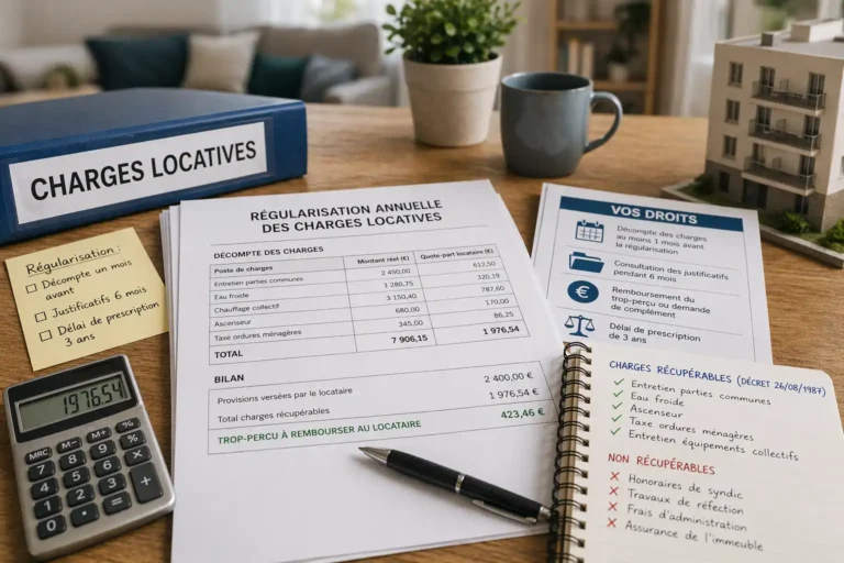 régularisation annuelle des charges locatives avec décompte détaillé, calculatrice et documents de location sur une table dans un appartement lumineux