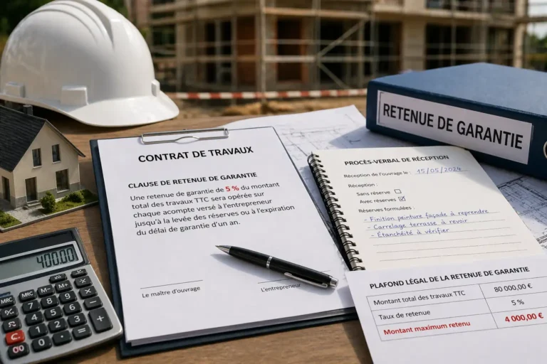 documents de contrat de travaux avec retenue de garantie de 5 %, procès-verbal de réception et chantier en arrière-plan