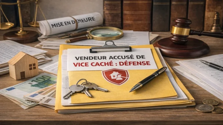 Dossier juridique immobilier avec documents, clés, maison miniature et marteau de juge illustrant la défense du vendeur accusé de vice caché après une vente