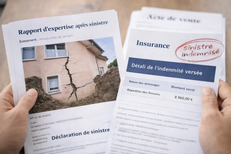 Documents de sinistre immobilier avec rapport d’expertise et indemnisation d’assurance devant une maison fissurée, illustrant les obligations du vendeur avant une vente.