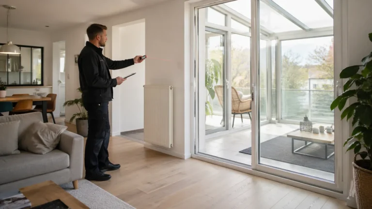 diagnostiqueur immobilier mesurant un logement lumineux avec véranda chauffée pour évaluer la surface de référence du DPE