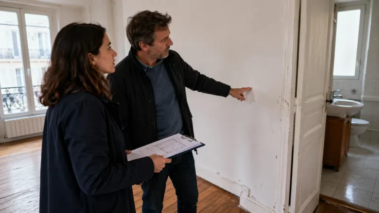 État des lieux de sortie dans un appartement avec propriétaire et locataire examinant l’usure des murs après une longue location