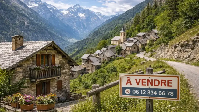 Maison de village en pierre à vendre à Villard-Notre-Dame avec vue panoramique sur les montagnes de l’Oisans, dans un environnement alpin isolé.