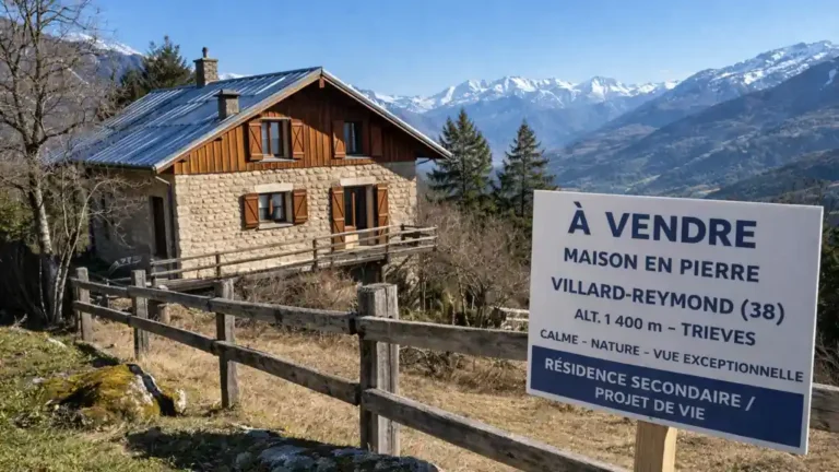 Maison en pierre à vendre à Villard-Reymond avec panneau immobilier au premier plan et vue dégagée sur les montagnes alpines.