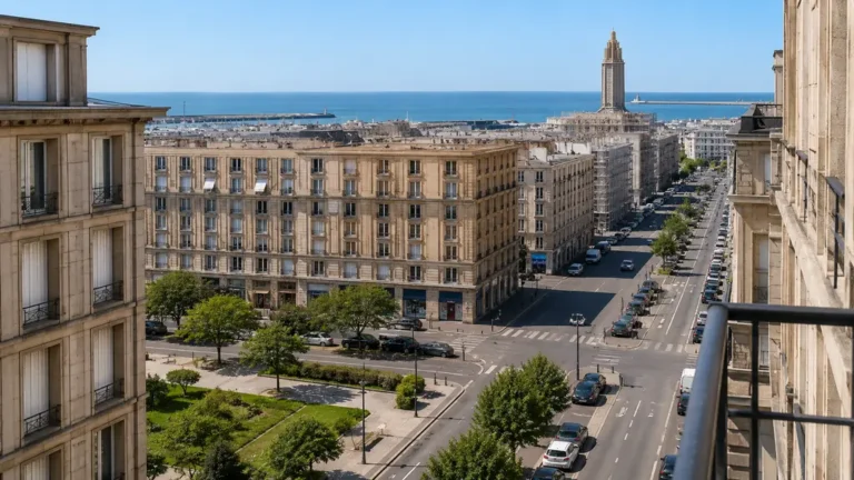 Vue urbaine du Havre avec immeubles résidentiels proches du centre-ville et de la mer
