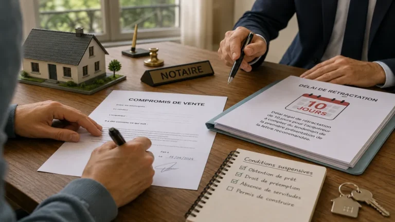 Signature d’un compromis de vente chez le notaire avec documents immobiliers et délai de rétractation