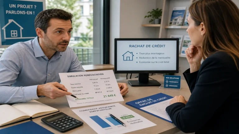 Emprunteur présentant un dossier chiffré à sa banque pour renégocier son prêt immobilier