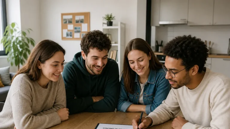 Colocataires réunis dans un appartement moderne pour signer un bail de colocation gratuit conforme