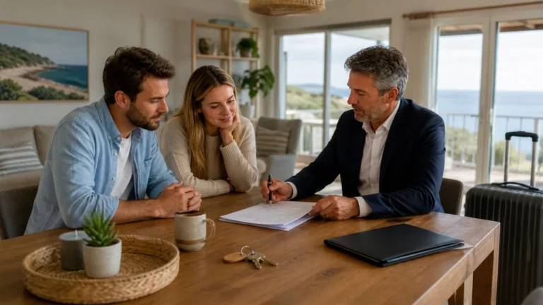 Propriétaire et couple locataire échangeant autour d’un contrat de location dans une résidence secondaire avec vue sur la mer