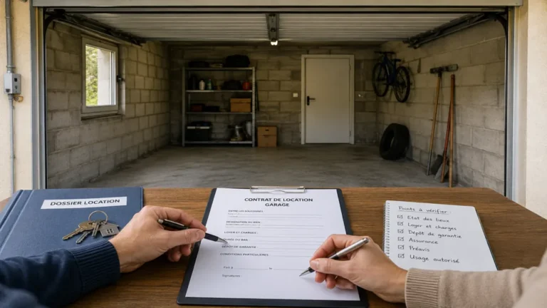 Signature d’un bail pour un garage avec contrat de location et clés devant un box vide