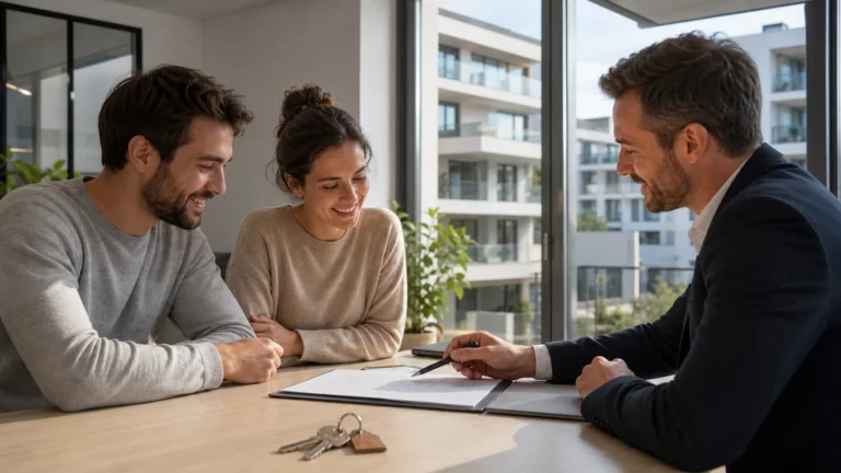 Couple signant un contrat immobilier BRS avec un conseiller dans un appartement moderne
