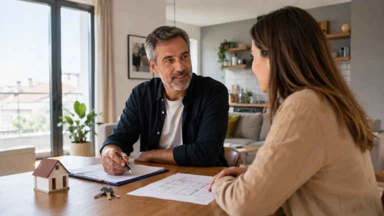Propriétaire bailleur privé échangeant avec une locataire autour d’un contrat de location dans un appartement lumineux.