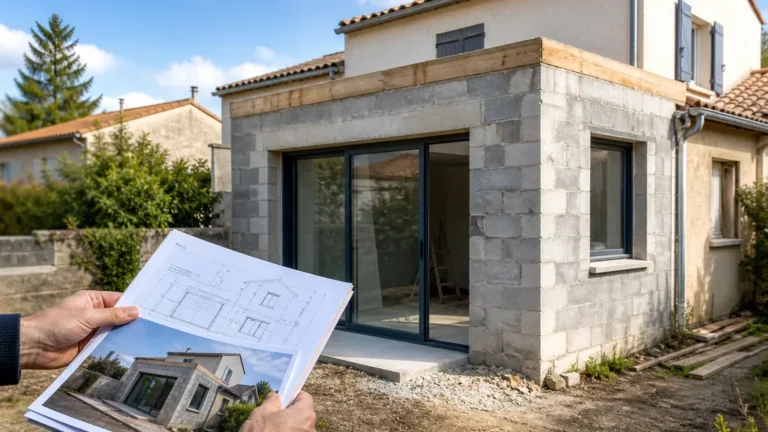 Extension de maison ancienne avec plans de travaux pour illustrer une construction illégale de plus de 30 ans