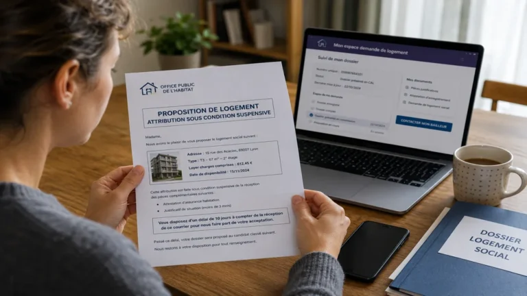 Personne lisant une proposition de logement social après le passage de son dossier en commission d’attribution.