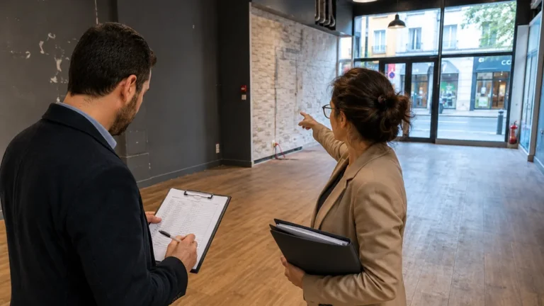 Deux professionnels réalisant l’état des lieux d’un local commercial vide avant la signature d’un bail